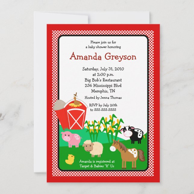 Old MacDonald Barnyard 5x7 Baby Shower Invitation (Front)
