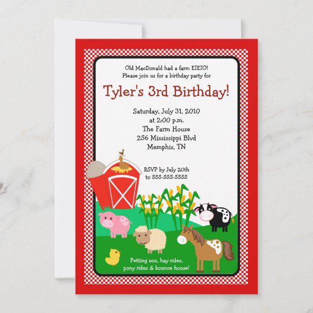 Old MacDonald Farm EIEIO 5x7 Birthday Invitation (Front)