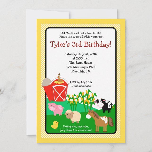 Old MacDonald Farm EIEIO 5x7 Birthday Invitation (Front)