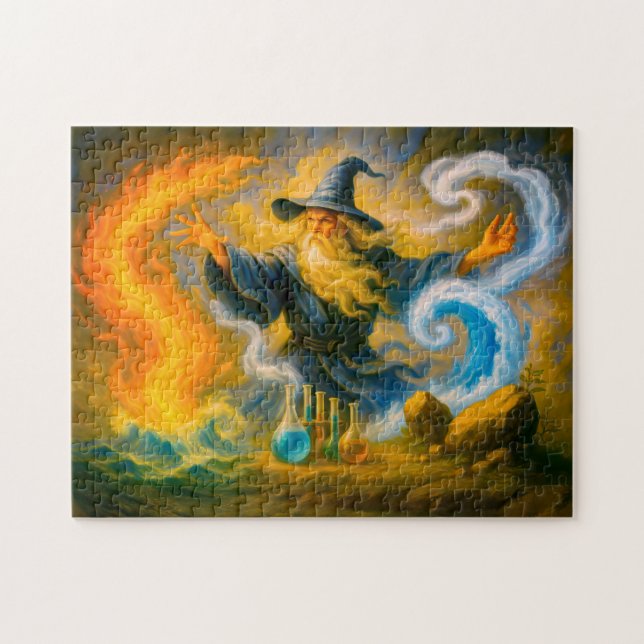 Old mage mastering the four elements in oil jigsaw puzzle (Horizontal)