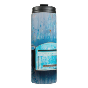 Old mail box on doorantique, background, blue, box thermal tumbler