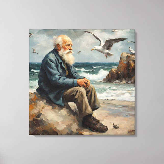 old man by the sea, seagulls flying canvas print (Front)