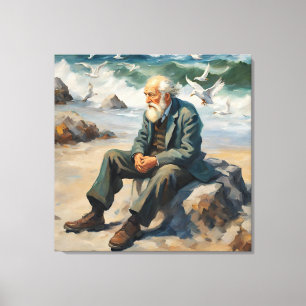 old man by the sea, seagulls flying large paint canvas print