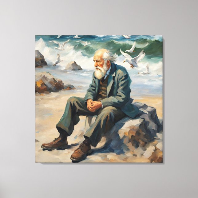 old man by the sea, seagulls flying large paint canvas print (Front)