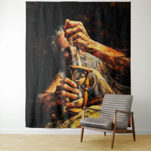 Old Man Hourglass Time Slipping Away Impasto Tapestry