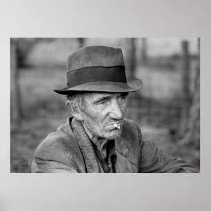 Old man in hat smoking Vintage black & white photo Poster