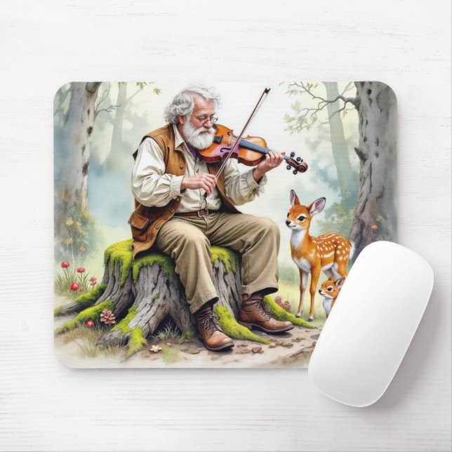 Old Man Playing a Fiddle In The Forest Mouse Mat (With Mouse)