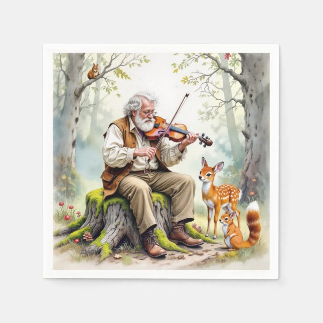 Old Man Playing a Fiddle In The Forest Napkin (Front)