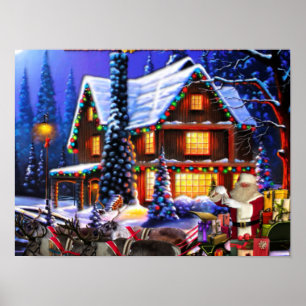 Old Man Santa Claus and Reindeer Poster