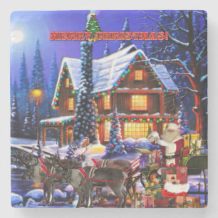 Old Man Santa Claus and Reindeer Stone Coaster