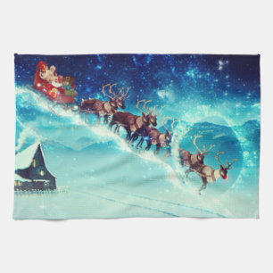 Old Man Santa Claus and Reindeer Tea Towel