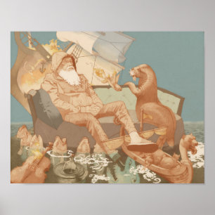 Old Man Sinking Ship Open Sea Nautical Art Poster