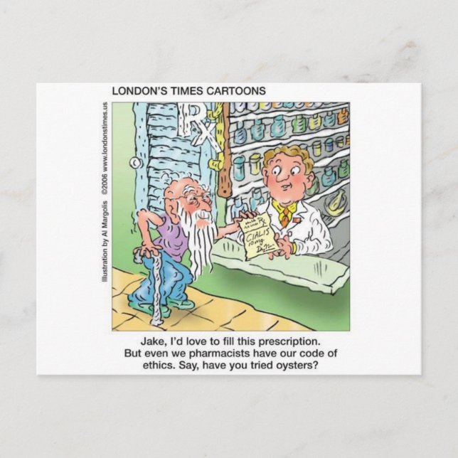 Old Man & The Pharmacy Funny Offbeat Cartoon Gifts Postcard (Front)