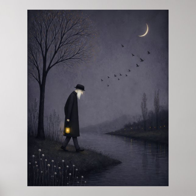 Old Man Walking Along a Silent River Poster (Front)