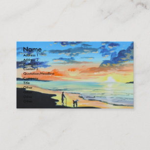 Old man walks a dog at the beach UK art Business Card