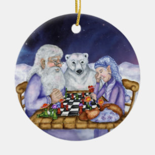 Old Man Winter and Jack Frost Play Chess Ornamnent Ceramic Tree Decoration
