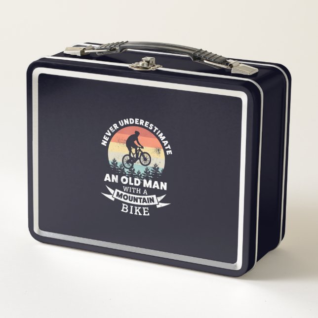 old man with a mountain bike mtb metal lunch box (Front)