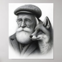 Old Man with Fox Classic Black & White Pencil Art