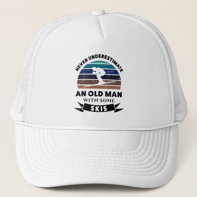 Old Man with Skis Funny Gift Dad Trucker Hat (Front)