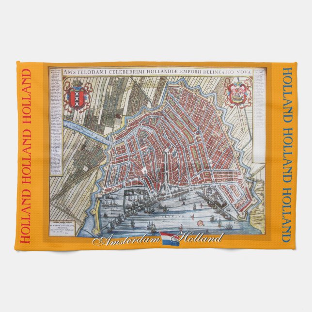 Old Map Amsterdam Holland Tea Towel (Horizontal)