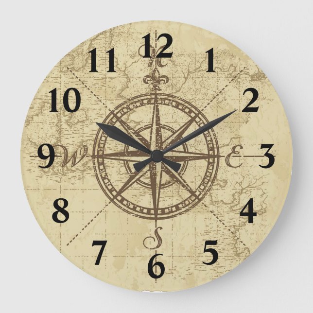 Old Map Compass Large Clock (Front)