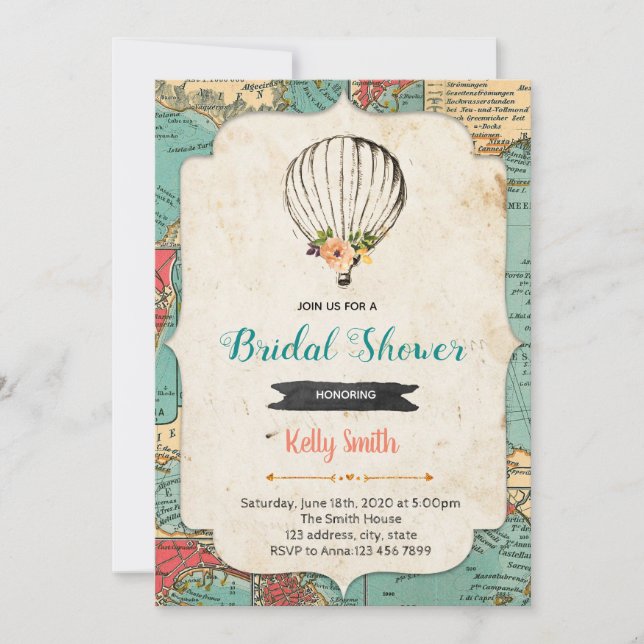 Old map hot air balloon party invitation (Front)
