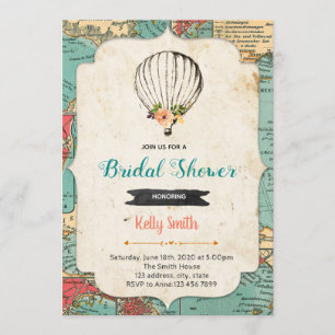 Old map hot air balloon party invitation