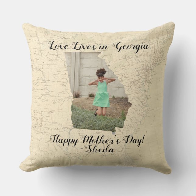 Old Map Love Lives In Georgia State Shaped Photo Cushion (Front)