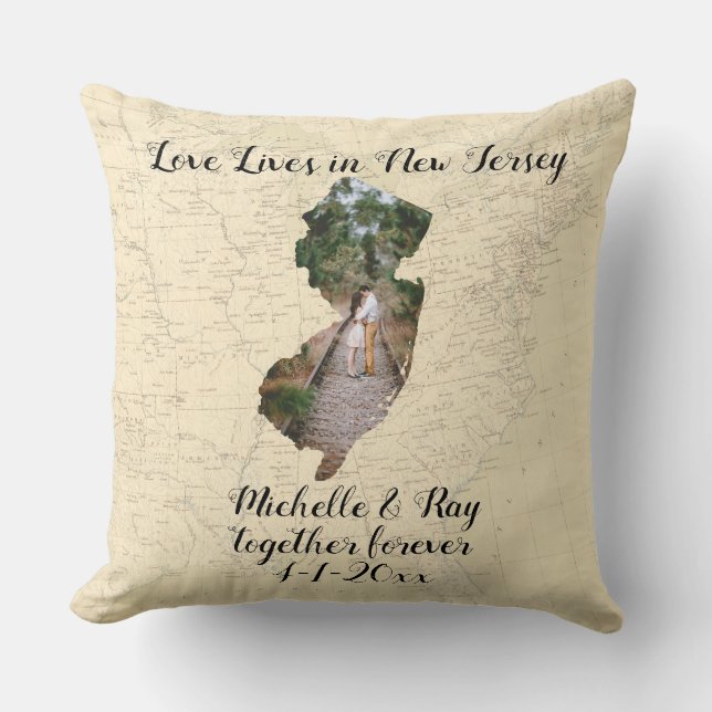 Old Map Love Lives In Jersey State Shaped Photo Cushion (Front)