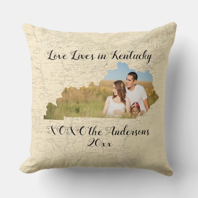 Old Map Love Lives In Kentucky State Shaped Photo Cushion (Front)