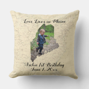 Old Map Love Lives In Maine State Shaped Photo Cushion