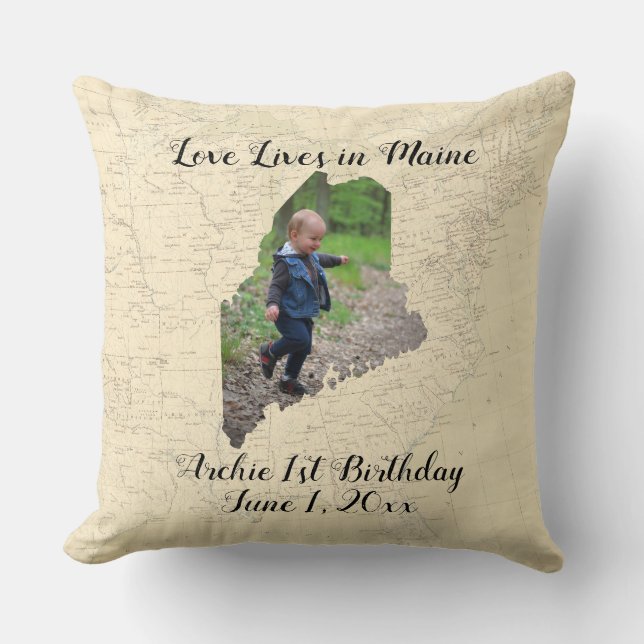 Old Map Love Lives In Maine State Shaped Photo Cushion (Front)