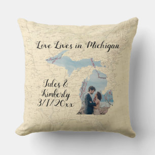 Old Map Love Lives In Michigan State Shaped Photo Cushion