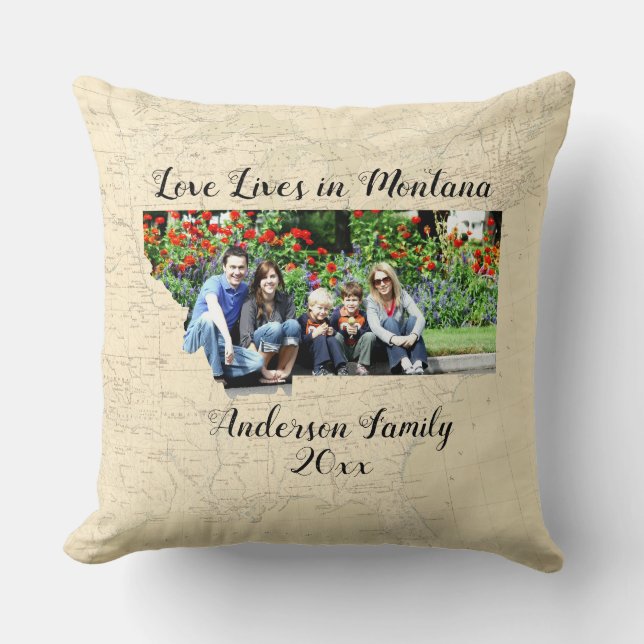 Old Map Love Lives In Montana State Shaped Photo Cushion (Front)