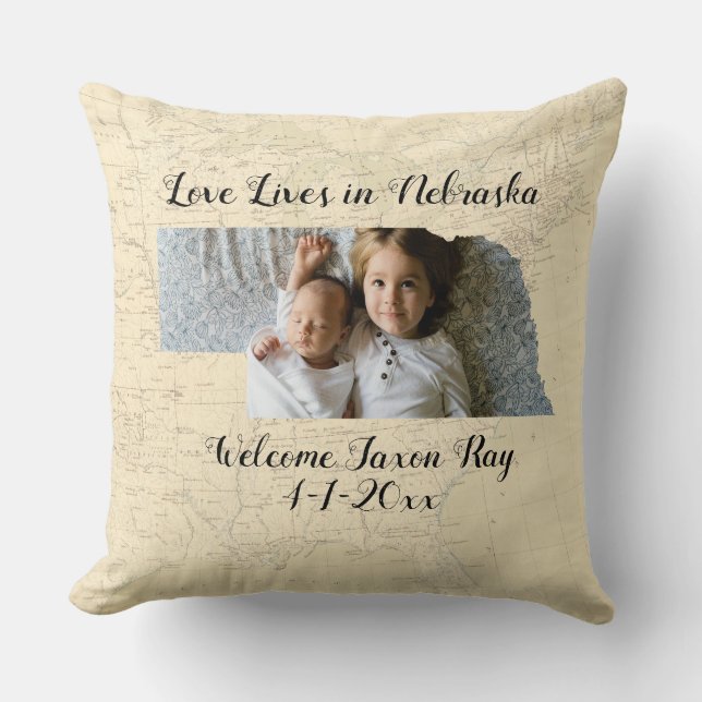 Old Map Love Lives In Nebraska State Shaped Photo Cushion (Front)