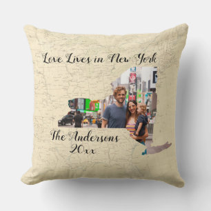 Old Map Love Lives In New York State Shaped Photo Cushion