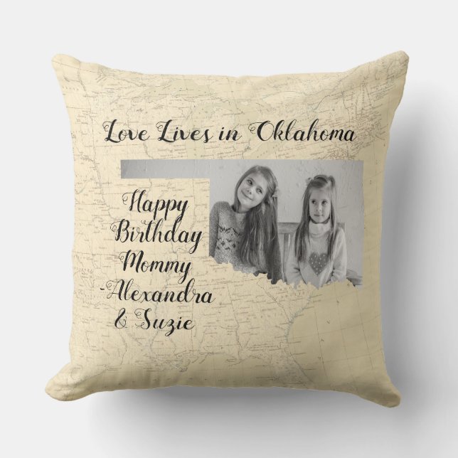 Old Map Love Lives In Oklahoma State Shaped Photo Cushion (Front)
