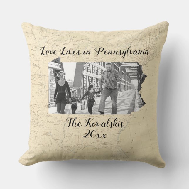 Old Map Love Lives In Pennsylvania State Photo Cushion (Front)