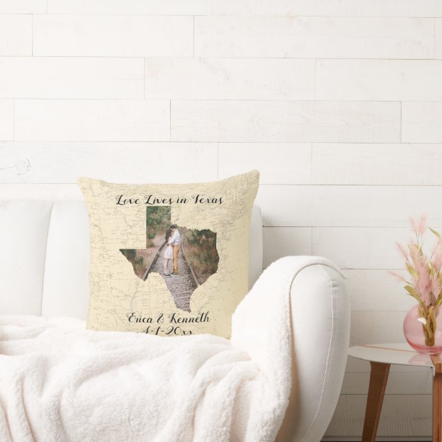 Old Map Love Lives In Texas State Shaped Photo Cushion (Couch)