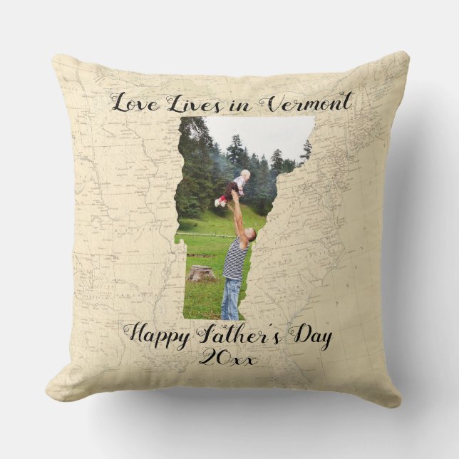 Old Map Love Lives In Vermont State Shaped Photo Cushion (Front)