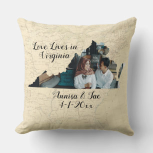 Old Map Love Lives In Virginia State Shaped Photo Cushion