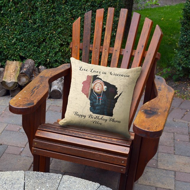 Old Map Love Lives In Wisconsin State Shaped Photo Cushion (Creator Uploaded)