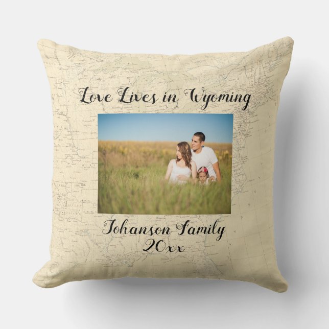 Old Map Love Lives In Wyoming State Shaped Photo Cushion (Front)