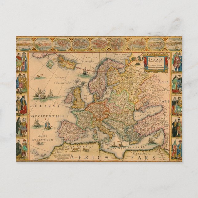 Old Map of Europe Postcard (Front)
