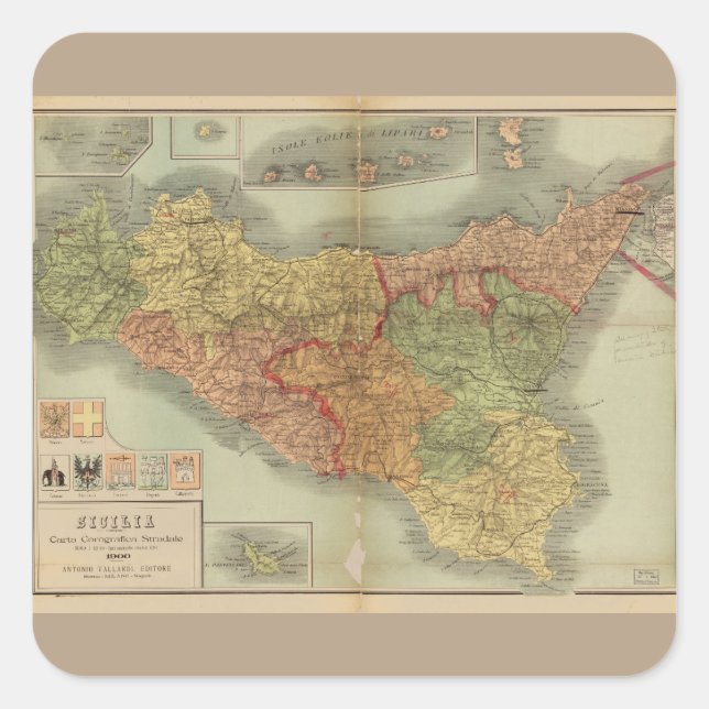 Old Map of Sicily from 1900 (Sicilia carta) Square Sticker (Front)