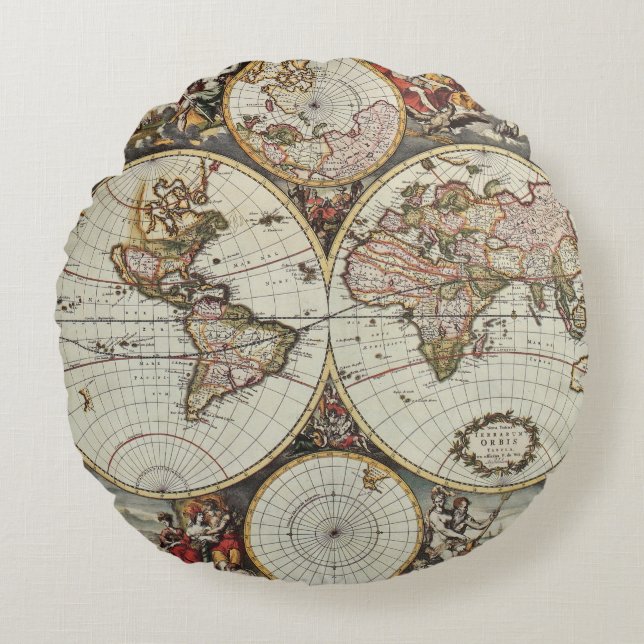 Old map of world hemispheres. Created by Frederick Round Cushion (Front)