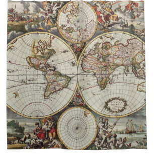 Old map of world hemispheres. Created by Frederick Shower Curtain