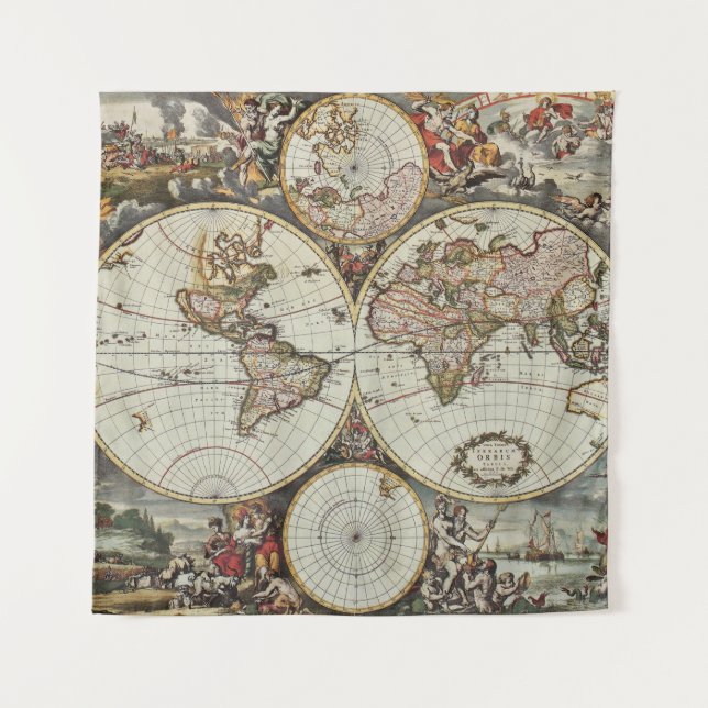 Old map of world hemispheres. Created by Frederick Tapestry (Front)