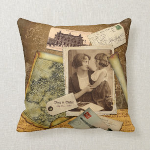 Old Map Postcard Paper Collage Vintage Photo Frame Cushion