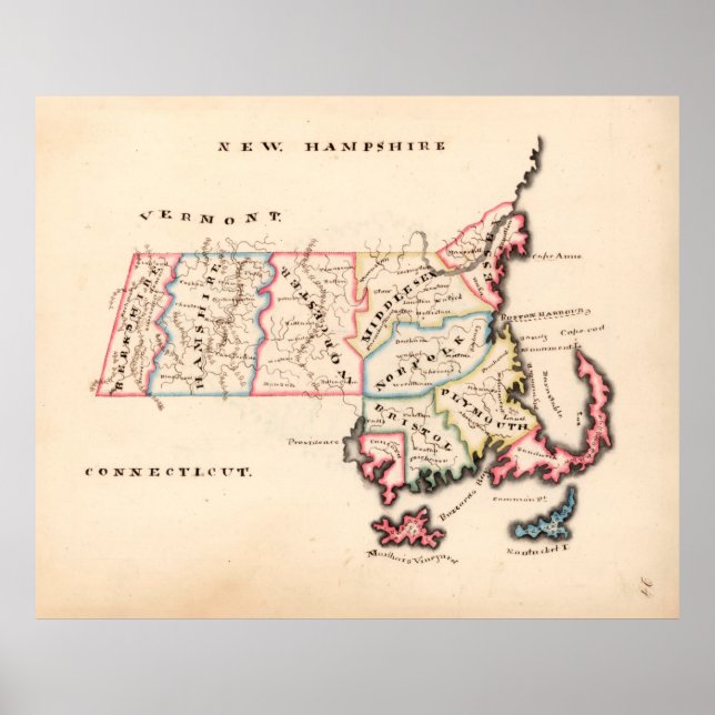 Old Massachusetts Map (1819) The Bay State Poster (Front)